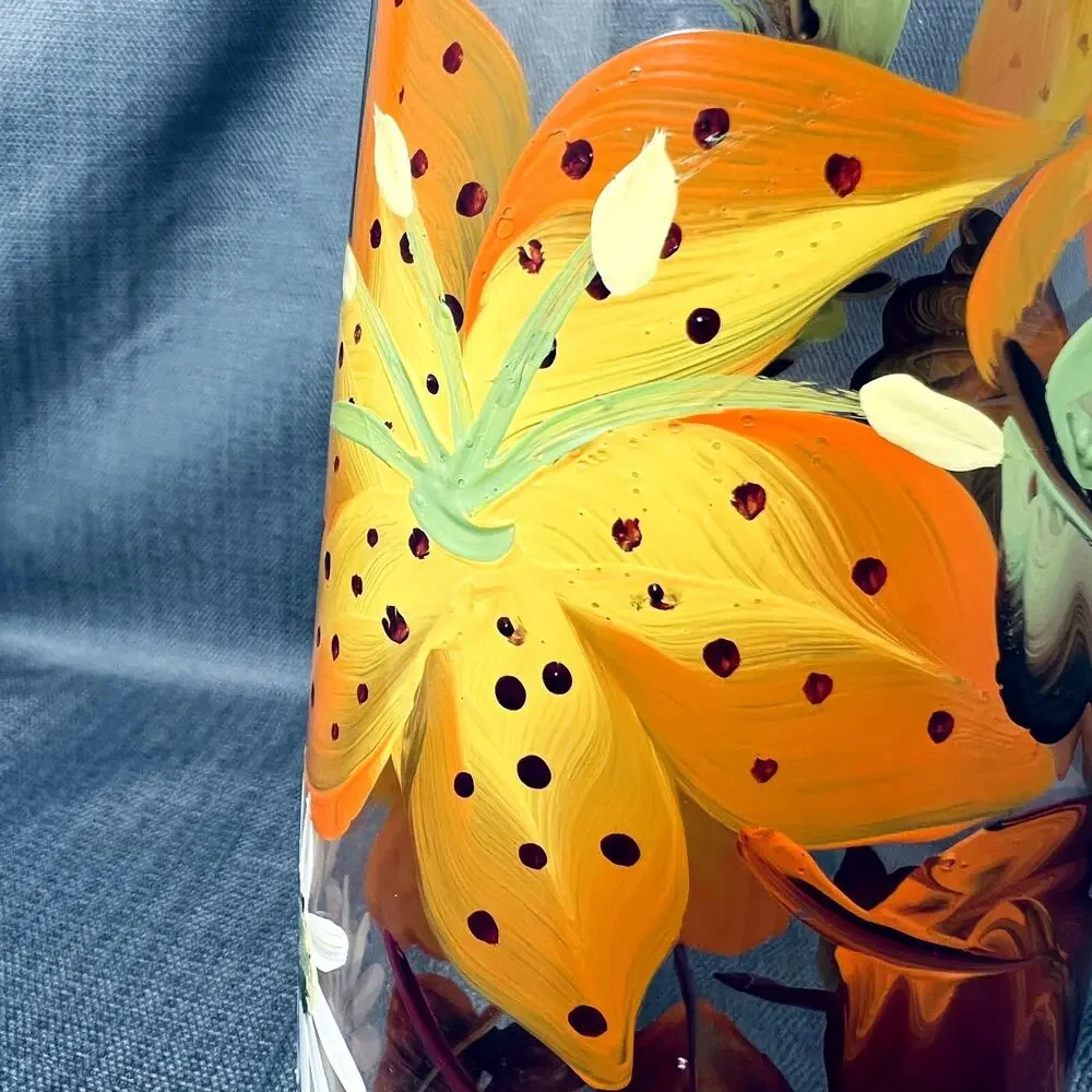 Hand painted Flower Art Glass Vase Fall Leaves Thanksgiving Halloween Home Decor